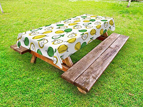 ABAKUHAUS Frutta Tovaglia da Esterno, Pera Fresco Fette e Foglie, Tovaglia da Picnic Lavabile Decorativa, 145 cm x 265 cm, Green Earth Giallo Bianco