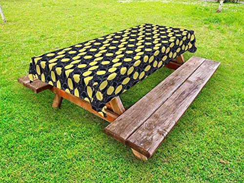 ABAKUHAUS Frutta Tovaglia da Esterno, Limoni e Blossoms Disegni, Tovaglia da Picnic Lavabile Decorativa, 145 cm x 210 cm, Carbonella Grey Giallo