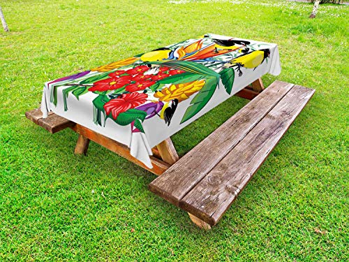ABAKUHAUS Esotico Tovaglia da Esterno, Fiori e Uccelli, Tovaglia da Picnic Lavabile Decorativa, 145 cm x 265 cm, Multicolore