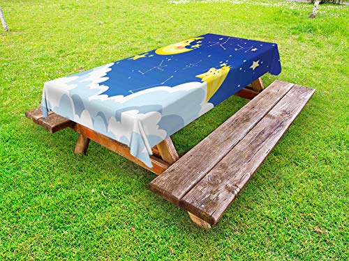 ABAKUHAUS Zodiaco Luna Tovaglia da Esterno, Cartoon Costellazioni, Tovaglia da Picnic Lavabile Decorativa, 145 cm x 305 cm, Blu Cobalto Giallo
