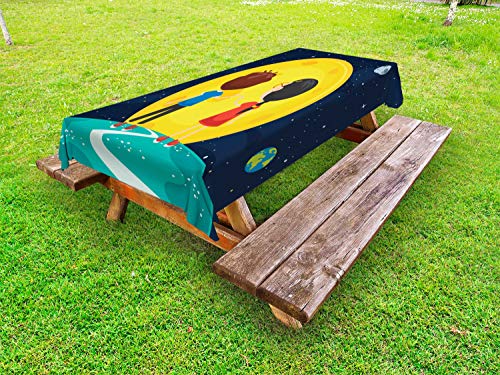ABAKUHAUS Cartone Animato Tovaglia da Esterno, Luna Pianeti Ragazza e Ragazzo, Tovaglia da Picnic Lavabile Decorativa, 145 cm x 210 cm, Multicolore