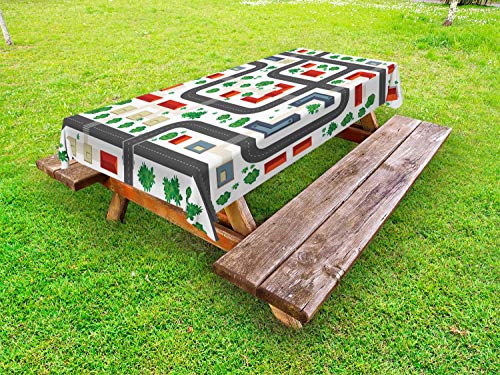 ABAKUHAUS Architettura Tovaglia da Esterno, Top View Case Alberi, Tovaglia da Picnic Lavabile Decorativa, 145 cm x 210 cm, Multicolore