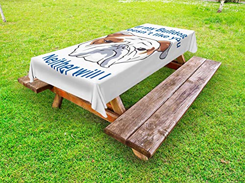 ABAKUHAUS Bulldog Tovaglia da Esterno, Umorismo Typographic Design, Tovaglia da Picnic Lavabile Decorativa, 145 cm x 210 cm, Bianco Blu e Brown