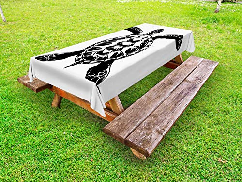 ABAKUHAUS Tartaruga Tovaglia da Esterno, Singolo Silhouette Grafica, Tovaglia da Picnic Lavabile Decorativa, 145 cm x 305 cm, Charcoal Grey And White