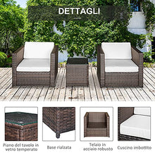 Outsunny Set Mobili da Giardino 3 Pezzi 2 Divani 1 Tavolino con Piano in Vetro Temperato Rattan Marrone