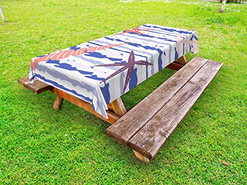 ABAKUHAUS Blu Nautico Tovaglia da Esterno, Ondulato Stripes Starfish, Tovaglia da Picnic Lavabile Decorativa, 145 cm x 265 cm, Viola Blu Multicolor