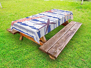 ABAKUHAUS Blu Nautico Tovaglia da Esterno, Ondulato Stripes Starfish, Tovaglia da Picnic Lavabile Decorativa, 145 cm x 265 cm, Viola Blu Multicolor