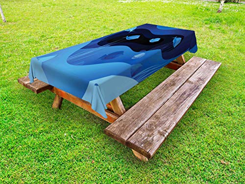 ABAKUHAUS Mare Profondo Tovaglia da Esterno, Poli di Pesce e di Mare Piante, Tovaglia da Picnic Lavabile Decorativa, 145 cm x 265 cm, Azure Blue Night Blu