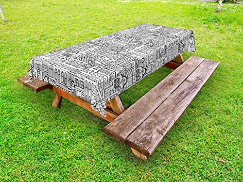 ABAKUHAUS Amsterdam Tovaglia da Esterno, Disegnato a Mano in Bianco e Nero, Tovaglia da Picnic Lavabile Decorativa, 145 cm x 305 cm, Charcoal Grey Bianco