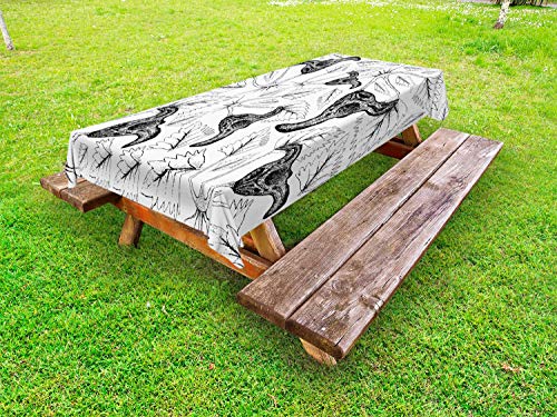 ABAKUHAUS Botanico Tovaglia da Esterno, Foglie e Acqua Caltrop, Tovaglia da Picnic Lavabile Decorativa, 145 cm x 265 cm, Charcoal Grey And White