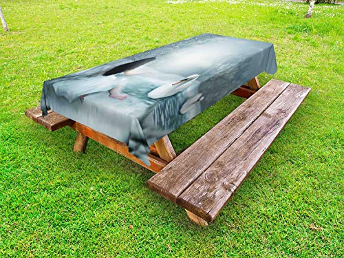 ABAKUHAUS Cigno Tovaglia da Esterno, La Donna del Lago Inverno e Uccelli, Tovaglia da Picnic Lavabile Decorativa, 145 cm x 305 cm, Blu Grigio e Baby Blue