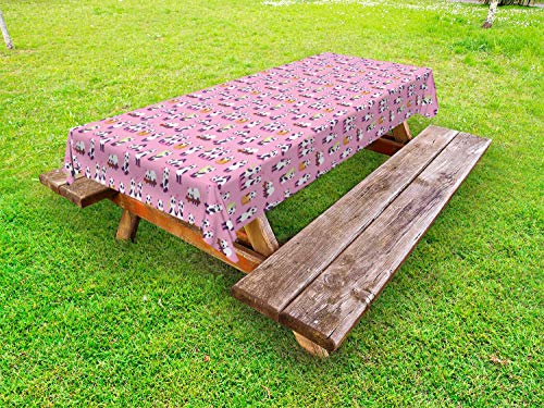 ABAKUHAUS Panda Tovaglia da Esterno, Animali Fluffy Giocano Intorno, Tovaglia da Picnic Lavabile Decorativa, 145 cm x 210 cm, Rosa Multicolor