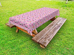 ABAKUHAUS Panda Tovaglia da Esterno, Animali Fluffy Giocano Intorno, Tovaglia da Picnic Lavabile Decorativa, 145 cm x 210 cm, Rosa Multicolor