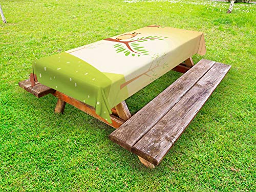 ABAKUHAUS Owl Stampa Tovaglia da Esterno, Wise Bird Art Cartoon, Tovaglia da Picnic Lavabile Decorativa, 145 cm x 305 cm, Pallido Giallo Lime Green