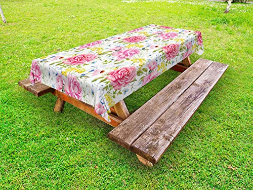 ABAKUHAUS Floreale Tovaglia da Esterno, Acquerello Prato Fiori, Tovaglia da Picnic Lavabile Decorativa, 145 cm x 210 cm, Bianco Multicolor