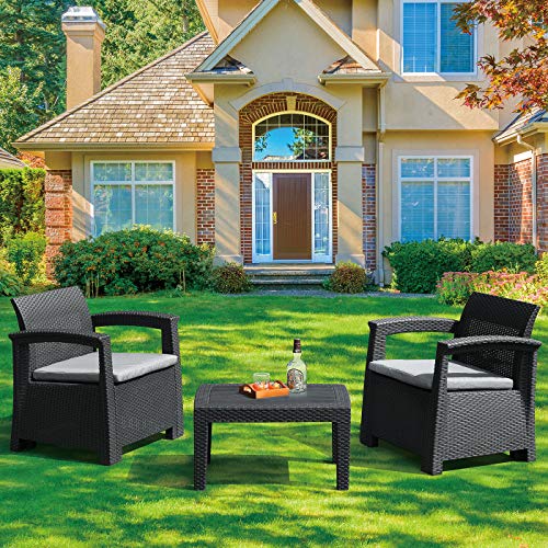 Le Stelle Set Salotto 2 Poltrone con Cuscino Tavolino in PolyRattan Arredo Giardino da Esterno Nero