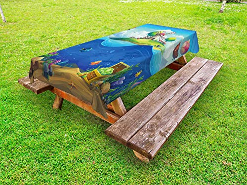 ABAKUHAUS sotto Il Mare Tovaglia da Esterno, Tesoro Sottomarino, Tovaglia da Picnic Lavabile Decorativa, 145 cm x 210 cm, Cobalt Blue Multicolor