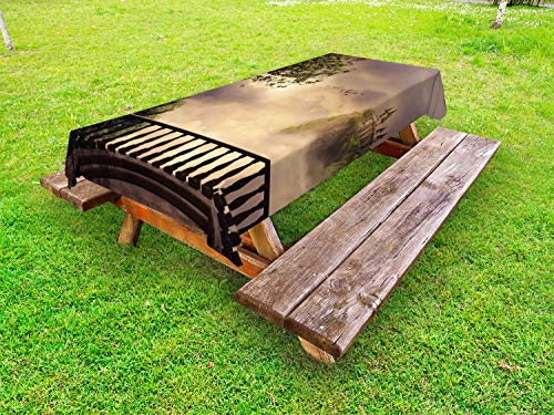 ABAKUHAUS Fiaba Tovaglia da Esterno, Cloudscape con Il Castello, Tovaglia da Picnic Lavabile Decorativa, 145 cm x 210 cm, Ecru e Multicolore