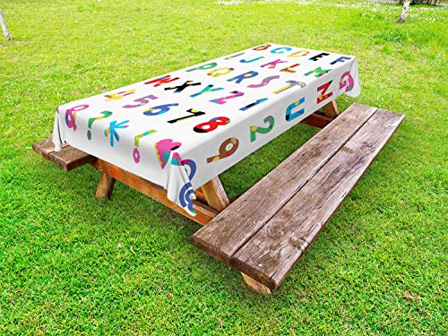 ABAKUHAUS Alfabeto Tovaglia da Esterno, Allegro Lettere educativi, Tovaglia da Picnic Lavabile Decorativa, 145 cm x 265 cm, Bianco Multicolor