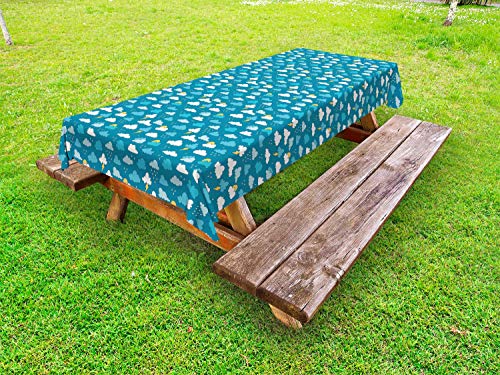 ABAKUHAUS Asilo Tovaglia da Esterno, Pioggia Cielo Nuvole Bulloni Sun, Tovaglia da Picnic Lavabile Decorativa, 145 cm x 305 cm, Blue Sea Senape Bianca