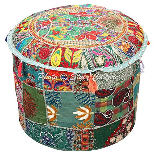 Stylo Culture Pouf vintage grande pavimento pouf verde scuro indiano ricamato patchwork in cotone tessuto rotondo tradizionale ottomano (55,9 x 55,9 x 33 cm) 55 cm by