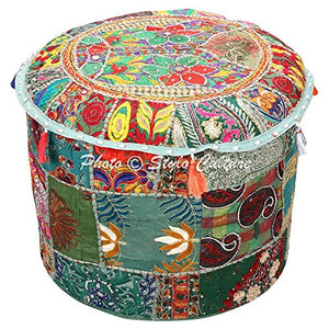 Stylo Culture Pouf vintage grande pavimento pouf verde scuro indiano ricamato patchwork in cotone tessuto rotondo tradizionale ottomano (55,9 x 55,9 x 33 cm) 55 cm by