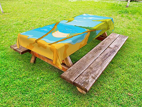ABAKUHAUS Art Blue Tovaglia da Esterno, Cartoon Hammock Beach Mare, Tovaglia da Picnic Lavabile Decorativa, 145 cm x 305 cm, Multicolore
