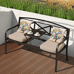 Parco Terrazza Cortili Panchina Panchina da Giardino in Ghisa, Panche Tempo Libero Esterno con Tavolo Centrale, Panca Metallo Retrò Resistente Intemperie, Panche 2 Posti (inclusi Cuscini e Cuscini)