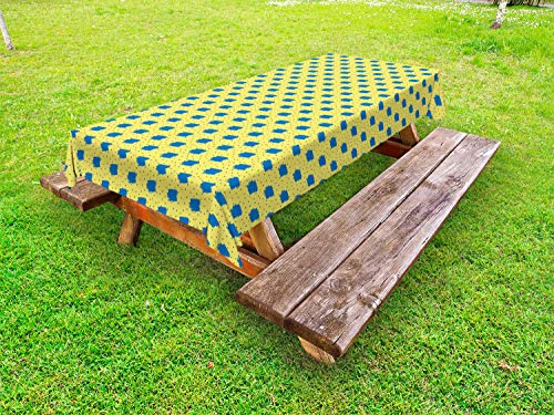 ABAKUHAUS Yellow Polka DOT Tovaglia da Esterno, Hits Pennello, Tovaglia da Picnic Lavabile Decorativa, 145 cm x 265 cm, Giallo Blu Cobalto