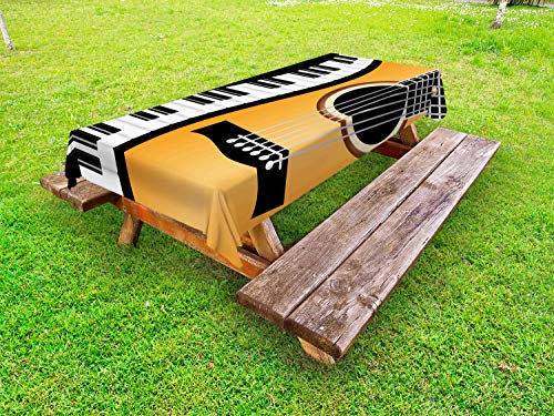 ABAKUHAUS Musica Tovaglia da Esterno, Tasti del Piano Wave e Chitarra, Tovaglia da Picnic Lavabile Decorativa, 145 cm x 265 cm, Charcoal Grey Arancione