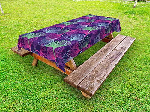 ABAKUHAUS Botanica Tovaglia da Esterno, Tropical Leaves Ginkgo Art, Tovaglia da Picnic Lavabile Decorativa, 145 cm x 210 cm, Viola Magenta e Verde