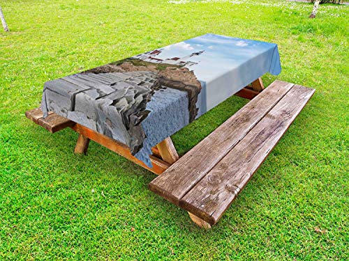 ABAKUHAUS Massachusetts Tovaglia da Esterno, Coastal Harbour Side, Tovaglia da Picnic Lavabile Decorativa, 145 cm x 210 cm, Beige Multicolor