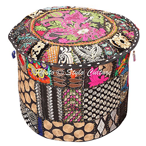 Stylo Culture Pouf con Rivestimento ottomano Nero Ethnic Patchwork Ricamato con Cotone Pouf Rotondo con Tessuto Tradizionale ottomano (16x16x13 Pollici) 40cm