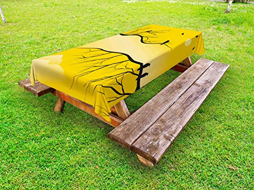 ABAKUHAUS Corvo Nero Tovaglia da Esterno, Uccelli sui Rami Nudi, Tovaglia da Picnic Lavabile Decorativa, 145 cm x 210 cm, Grigio Giallo