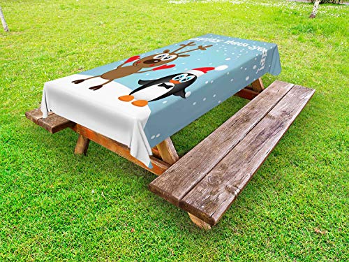 ABAKUHAUS Nuovo Anno Tovaglia da Esterno, Cervi e Cartone Animato Pinguino, Tovaglia da Picnic Lavabile Decorativa, 145 cm x 210 cm, Pale Blue Multicolor