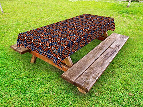 ABAKUHAUS Astratto Tovaglia da Esterno, Tribal Motivi Geometrici, Tovaglia da Picnic Lavabile Decorativa, 145 cm x 265 cm, Terra di Siena bruciata Azzurro Blu