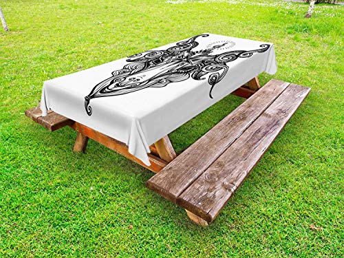ABAKUHAUS pentacolo Tovaglia da Esterno, Satanic Capra Testa Sketch, Tovaglia da Picnic Lavabile Decorativa, 145 cm x 210 cm, Charcoal Grey And White