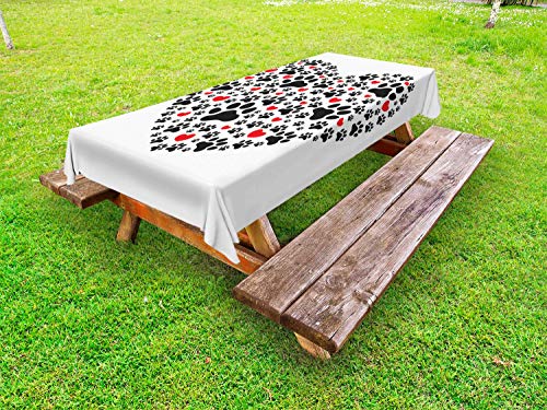 ABAKUHAUS Orma di Zampa Tovaglia da Esterno, Passi Animali e Cuori, Tovaglia da Picnic Lavabile Decorativa, 145 cm x 305 cm, Carbonella Gray e Vermilion