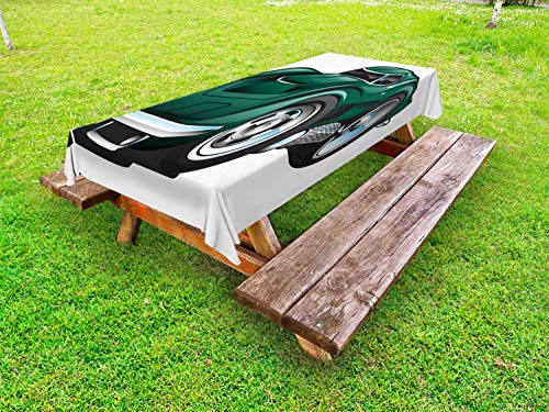 ABAKUHAUS Macchina da Corsa Tovaglia da Esterno, Dettagliata Veloce Auto Personalizzato, Tovaglia da Picnic Lavabile Decorativa, 145 cm x 305 cm, Charcoal Grey e Verde