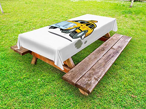 ABAKUHAUS New York Taxi Tovaglia da Esterno, Cartoon Cab in Un Rush, Tovaglia da Picnic Lavabile Decorativa, 145 cm x 265 cm, Bianco e Terra Gialla