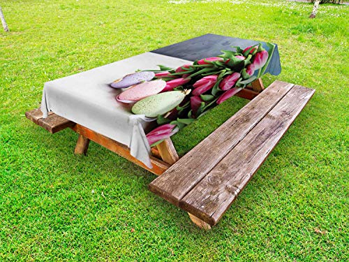 ABAKUHAUS Colore Naturale Tovaglia da Esterno, Tulipani Uova di Pasqua, Tovaglia da Picnic Lavabile Decorativa, 145 cm x 305 cm, Multicolore