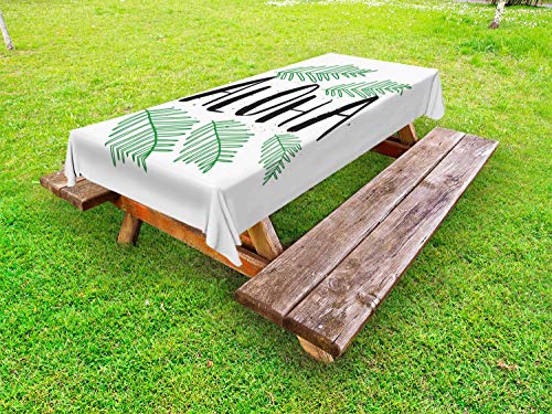 ABAKUHAUS Aloha Tovaglia da Esterno, Tropic Foglie e Inky Testo, Tovaglia da Picnic Lavabile Decorativa, 145 cm x 305 cm, Charcoal Grey Verde