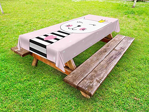 ABAKUHAUS Gattino Tovaglia da Esterno, Incoronato Gatto e Pois, Tovaglia da Picnic Lavabile Decorativa, 145 cm x 305 cm, Grigio Rosa Bambino