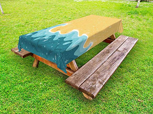 ABAKUHAUS Beach Graphic Tovaglia da Esterno, Grange Waves Stars, Tovaglia da Picnic Lavabile Decorativa, 145 cm x 305 cm, Senape Blu Petrolio