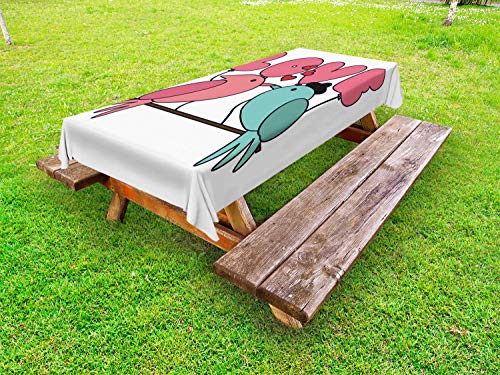 ABAKUHAUS Baciare Tovaglia da Esterno, Amore e Uccelli sul Bastone, Tovaglia da Picnic Lavabile Decorativa, 145 cm x 265 cm, Rosa Bianco Seafoam