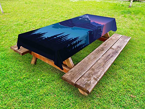 ABAKUHAUS Avventura Tovaglia da Esterno, Mountain Forest Hills, Tovaglia da Picnic Lavabile Decorativa, 145 cm x 305 cm, Blue Night Blu e Rosa