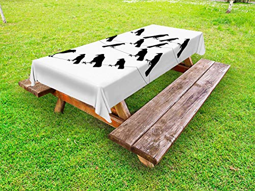 ABAKUHAUS Bird on a Wire Tovaglia da Esterno, Monochrome Art aviaria, Tovaglia da Picnic Lavabile Decorativa, 145 cm x 305 cm, Charcoal Grey And White