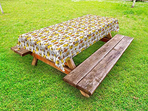 ABAKUHAUS Schizzo Tovaglia da Esterno, Honey Drops Vasi e Api, Tovaglia da Picnic Lavabile Decorativa, 145 cm x 305 cm, Senape Bianca Zenzero