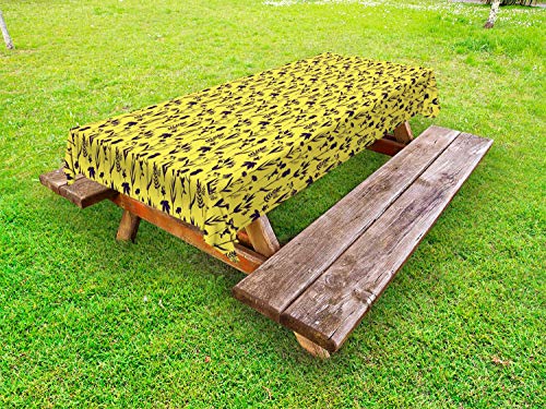 ABAKUHAUS Floreale Tovaglia da Esterno, Bicolore Fiori ed Erbe, Tovaglia da Picnic Lavabile Decorativa, 145 cm x 305 cm, Giallo Dark Purple