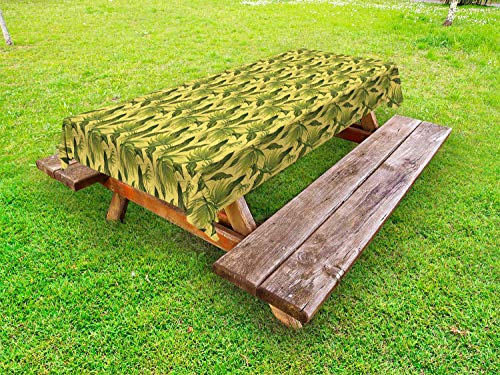 ABAKUHAUS Tropicale Tovaglia da Esterno, Foglie Esotiche energetici, Tovaglia da Picnic Lavabile Decorativa, 145 cm x 210 cm, Giallo Verde Oliva
